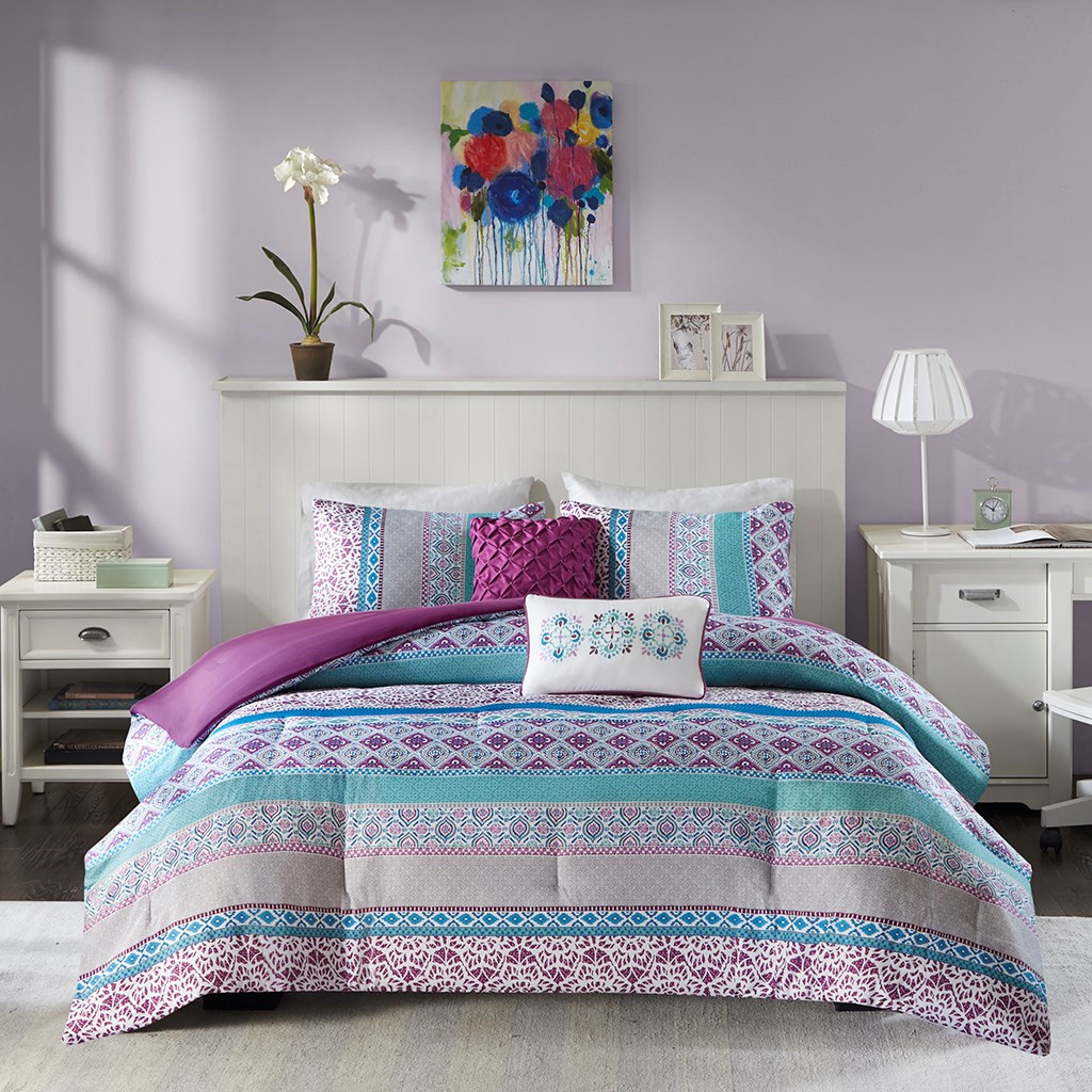 Purple Blue & Grey Geometric Comforter Set AND Decorative Pillows (Joni ...