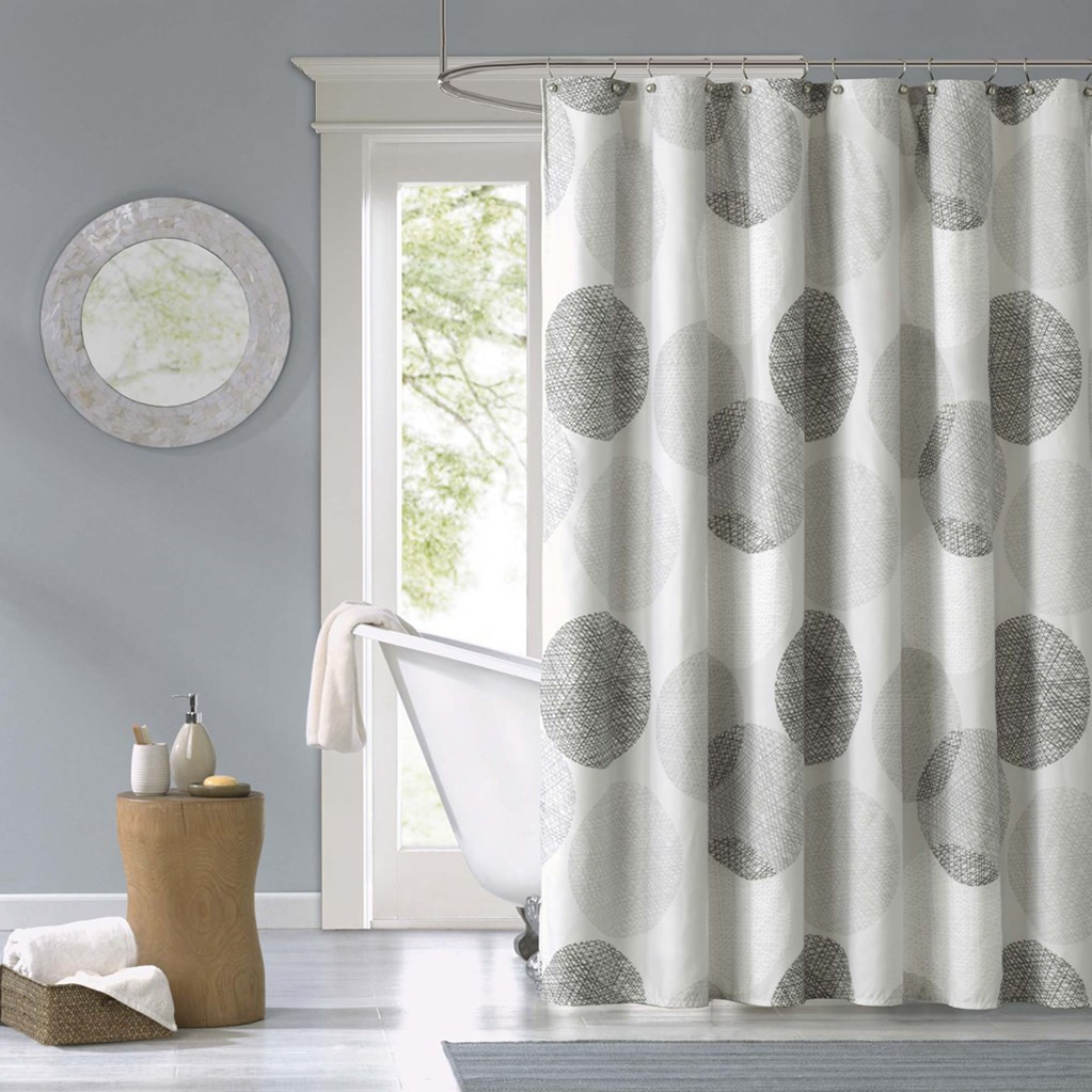 Grey & White Circular Design Fabric Shower Curtain 72" x 72" (Knowles