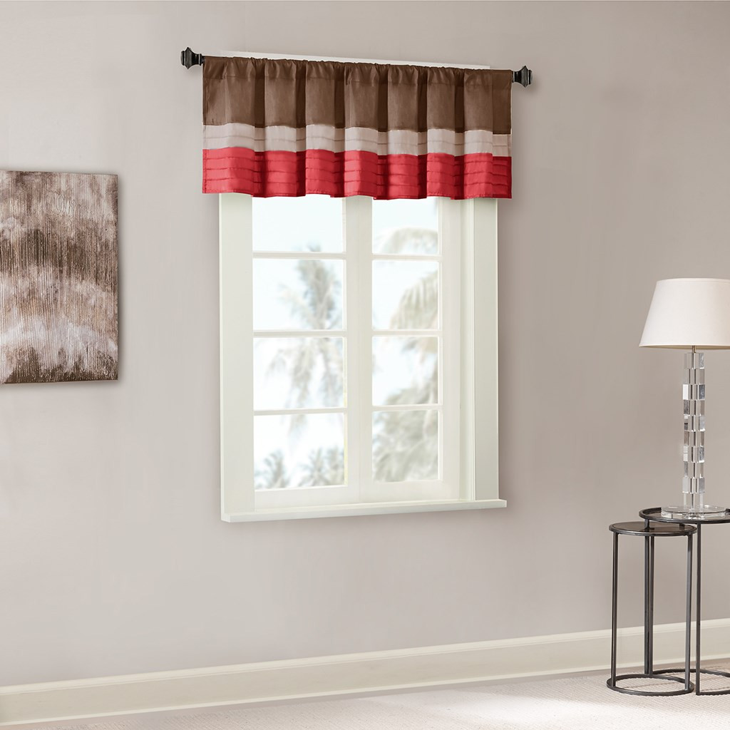 Deep Red & Brown Striped Pintucked Window Valance - Rod Pocket (Tradewinds-Red-val)