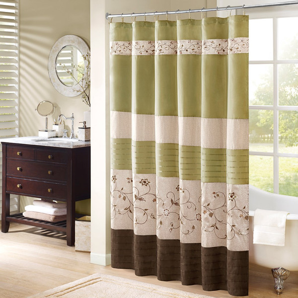Green & Brown Floral Embroidered Fabric Shower Curtain - 72