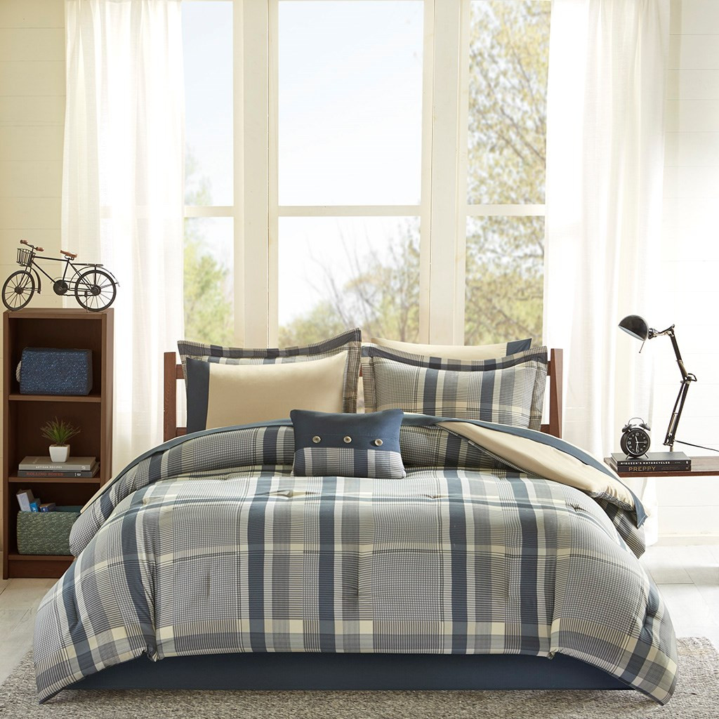 Navy Blue & Taupe Plaid Comforter Set AND Matching Sheet ...