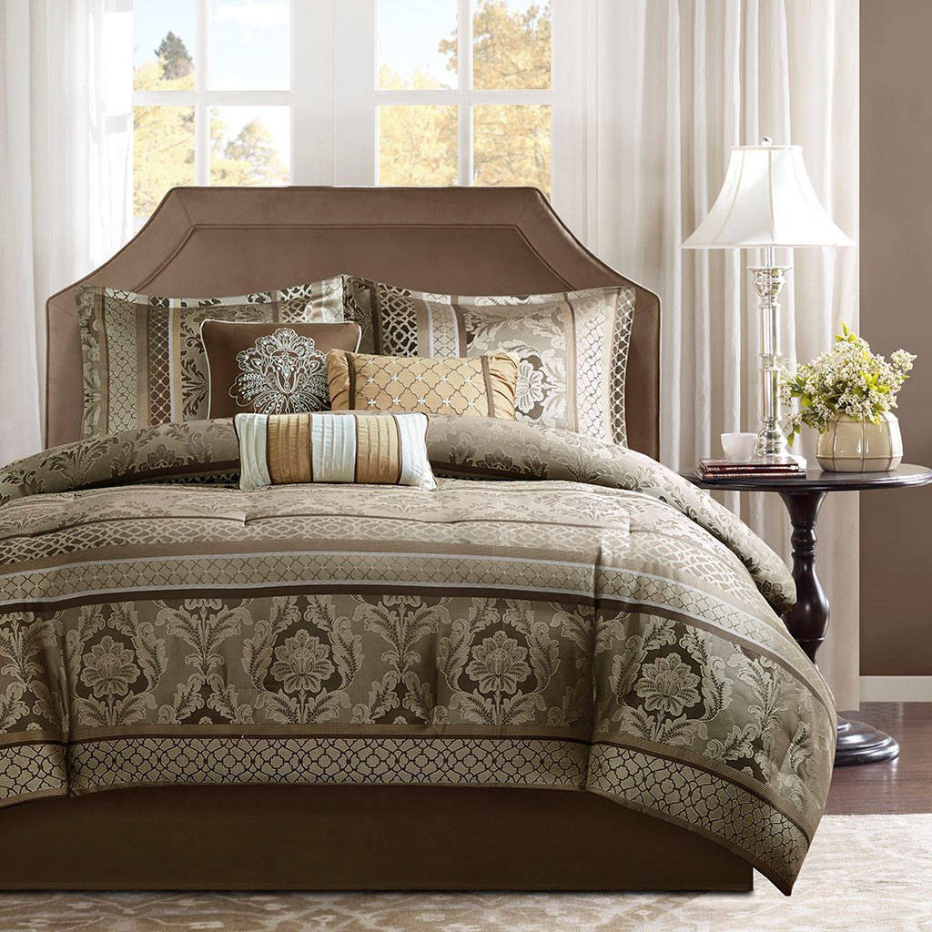 7pc Brown & Gold Motif Jacquard Comforter Set AND Decorative Pillows