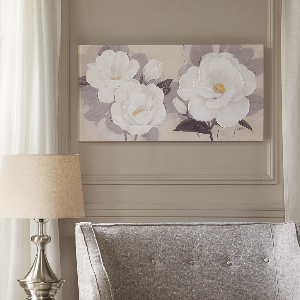 Midday White Bloom Florals Paint Embellished Canvas (Midday -White -Art) 