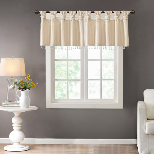 Champagne Faux Silk DIY Twisted Tab Top Window Valance w/Hanging Beads (Emilia-Champagne-val)