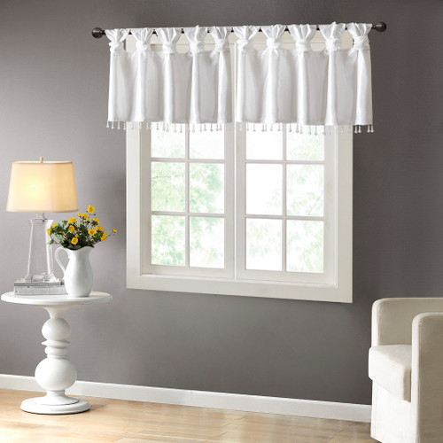 White Faux Silk DIY Twisted Tab Top Window Valance w/Hanging Beads (Emilia-White-val)