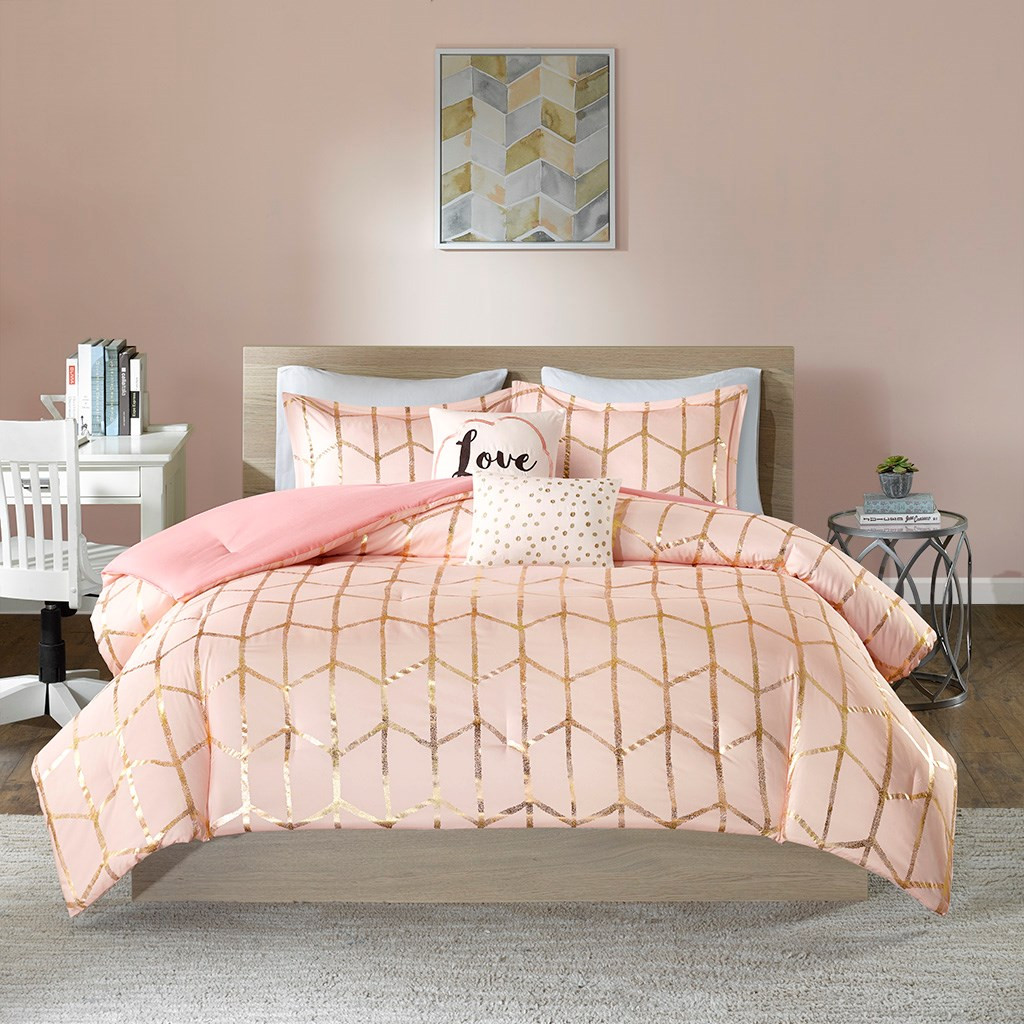 Pink Blush & Metallic Gold Geometric Comforter Set AND Decorative