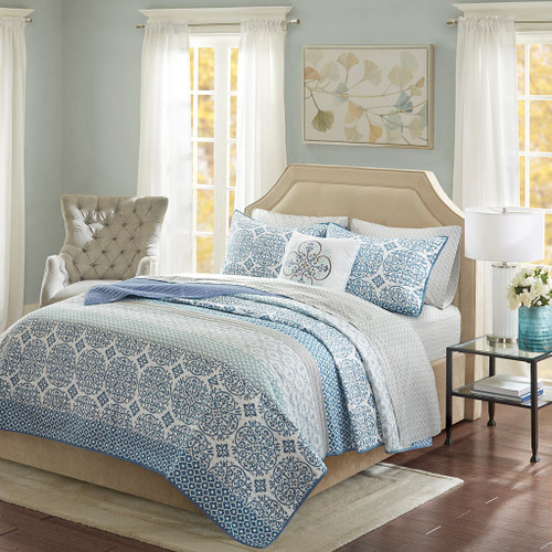 Blue Globally Inspired coverlet Quilt Set AND Matching Sheet Set (Sybil-Blue-cov)