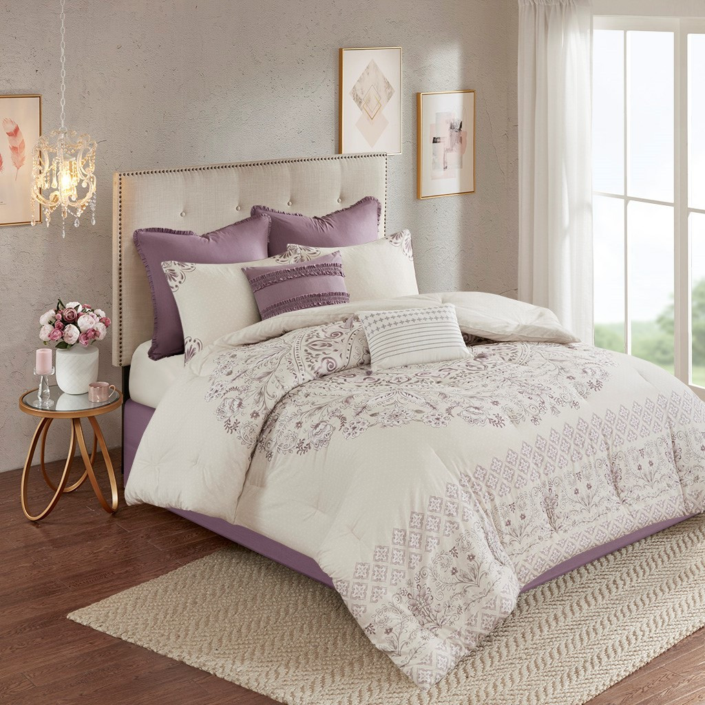 8pc Purple Floral Cotton Reversible Comforter Set And Decorative