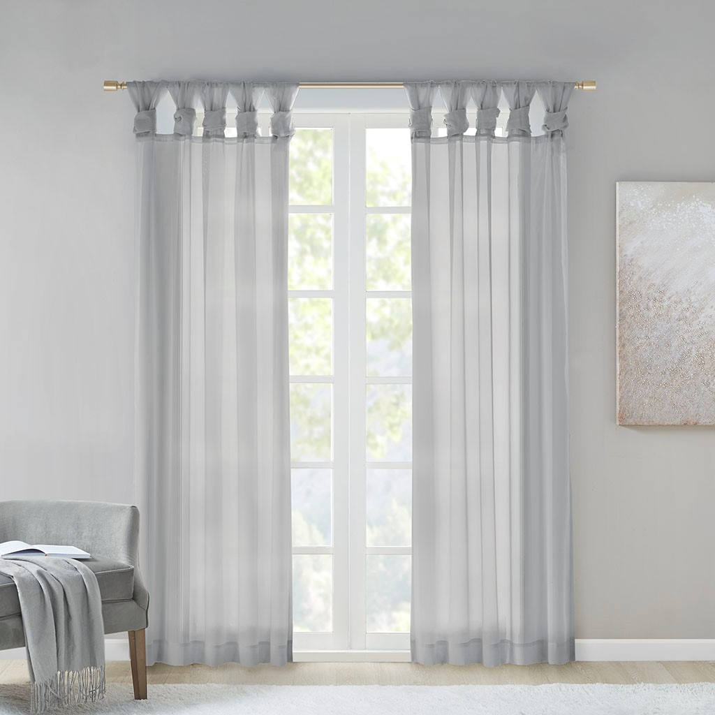 Set of 2 Light Grey Sheer Twist Tab Window Curtain Panels
