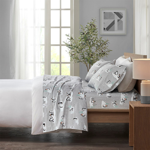 Grey & White Penguins in Snow Cotton Flannel Printed Sheet Set (Cozy Flannel-Grey Penguins)