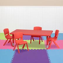 24''W x 48''L Rectangular Red Plastic Height Adjustable Activity Table Set with 4 Chairs