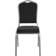 Crown Back Stacking Banquet Chair with Black Patterned Fabric and 2.5'' Thick Seat - Silver Vein Frame