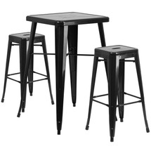 23.75'' Square Black Metal Indoor-Outdoor Bar Table Set with 2 Square Seat Backless Barstools