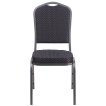 Series Crown Back Stacking Banquet Chair with Black Patterned Fabric and 2.5'' Thick Seat - Silver Vein Frame