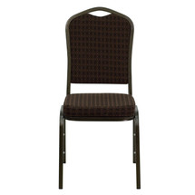 Crown Back Stacking Banquet Chair with Brown Patterned Fabric and 2.5'' Thick Seat - Gold Vein Frame