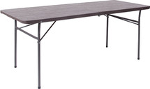 6' Bi-Fold Brown Wood Grain Plastic Folding Table with Carrying Handle