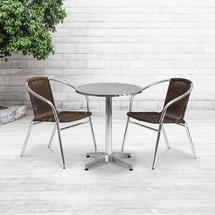23.5'' Round Aluminum Indoor-Outdoor Table Set with 2 Dark Brown Rattan Chairs