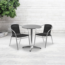 23.5'' Round Aluminum Indoor-Outdoor Table Set with 2 Black Rattan Chairs