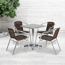 23.5'' Square Aluminum Indoor-Outdoor Table Set with 4 Dark Brown Rattan