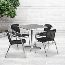 27.5'' Square Aluminum Indoor-Outdoor Table Set with 4 Black Rattan Chairs