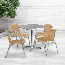 27.5'' Square Aluminum Indoor-Outdoor Table Set with 4 Beige Rattan Chairs