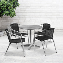 31.5'' Round Aluminum Indoor-Outdoor Table Set with 4 Black Rattan Chairs