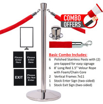 QueCombo-6 Basic Kit | (6) Polished Stainless Posts, 6 Velour 8'L Red Ropes, 2 Frames & 2 Signs