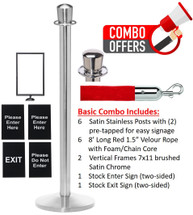 QueCombo-6 Basic Kit | (6) Satin Stainless Posts, 6 Velour 8'L Red Ropes, 2 Satin Chrome Frames & 2 Signs