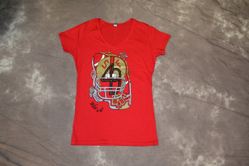 Hand drawn design of the 49ers on soft red v-neck, short sleeve tee. 100% combed ring-spun cotton , slim fit. Fabric laundered for reduce shrinkage. DISCONTINUED ITEM