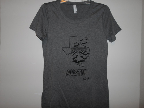 Hand drawn design, Bats thru Texas, on grey triblend crewneck t-shirt.