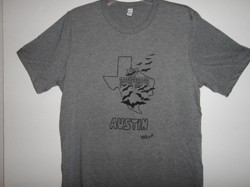 Hand drawn design Bats fliying thru Texas on soft grey triblend short sleeve t-shirt.