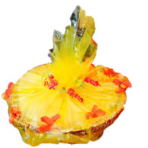 Sweets gift basket wrapped in clear cellophane and gold bow