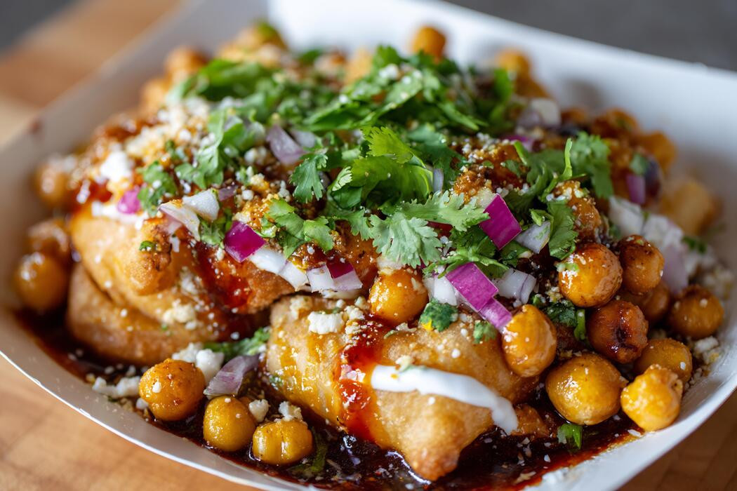 Samosa chaat topped with chickpeas, yogurt, cilantro and chutneys
