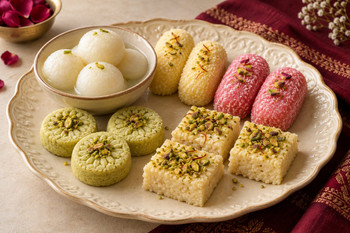 Bengali sweets including rasgulla, chum chum, sandesh, and kalakand