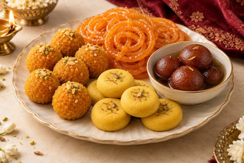 Traditional Indian mithai with ladoos, jalebi, pedas, and gulab jamun
