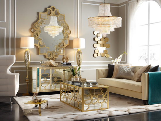 A Hollywood Regency Style Living Room with Gold Accents