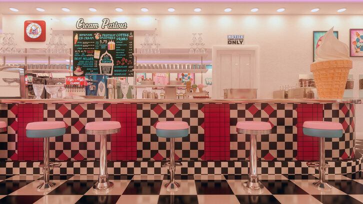 ice cream parlour with black and white checked floor and pink stools at the bar