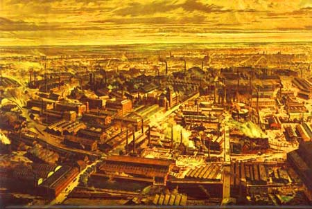 a yellow photo of many factories during the Industrial Revolution
