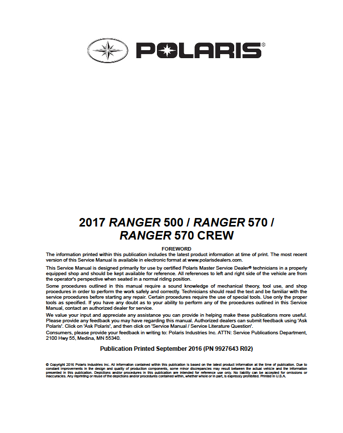 570 2x4 4x4 Crew UTV service manual in 3-ring binder Polaris 2017 Ranger 500 