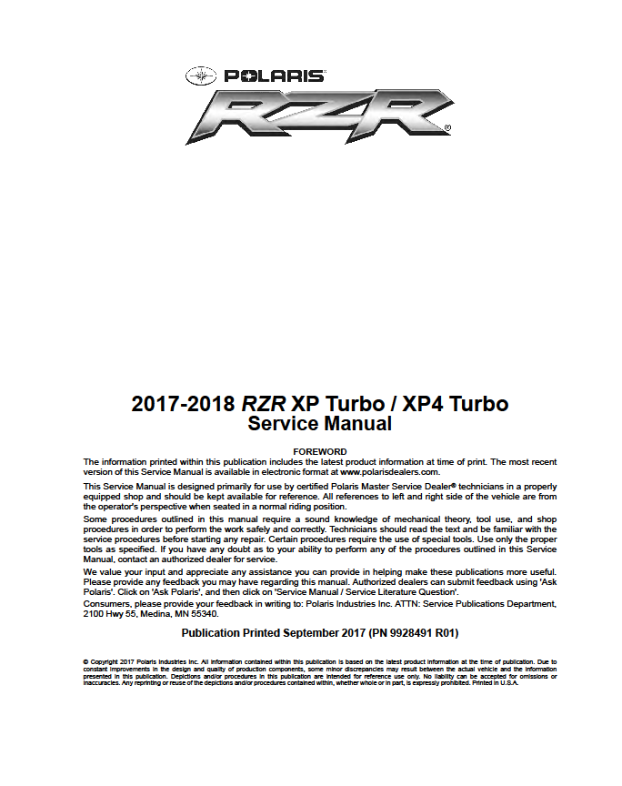 2018 2019 Polaris RZR RS1 Genuine OEM Authentic Service Repair Manual 9928689