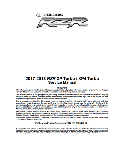 BEST 2017 2018 POLARIS RZR XP XP4 Turbo Fox Dynamix Service Repair Manual on USB 