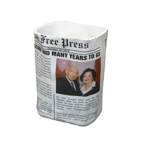 Polyresin newspaper bag desk accessory personalized with a newspaper clipping or custom artwork