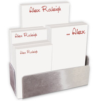 Personalized pad set presented in a white holder, with both small and large pads