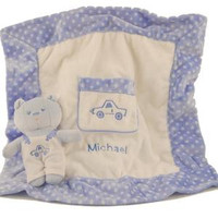 Soft and cozy blanket with a plush teddy bear and personalized with child's name and choice of color
