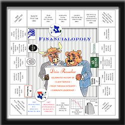Handcrafted monopoly board that depicting highlights of a profession, company, division, or product with drawings and text
