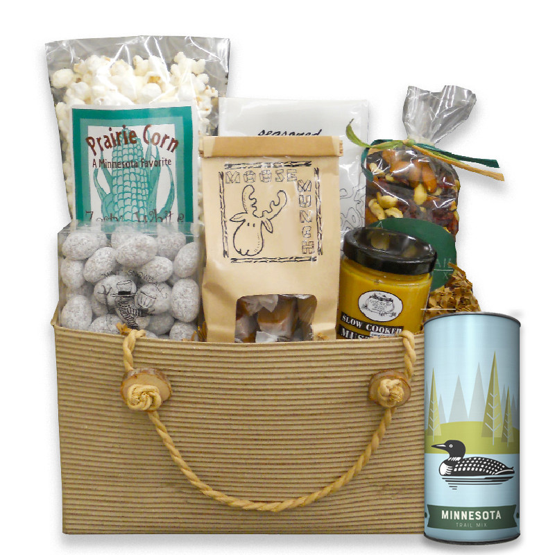 Gift basket arrangement filled with prairie corn, moose munch, jumbo turtle claw, birch bark and trail mix