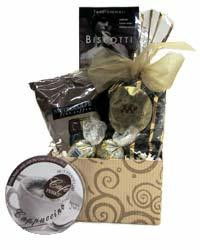 Coffee themed gift basket arrangement with coffees, biscotti, espresso caramels, truffles, and cappuccino hard candy