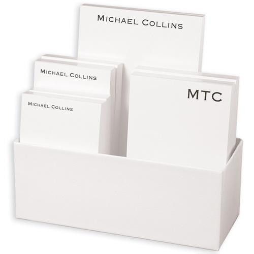 Personalized executive pad set presented in a white or stainless steel holder with small, medium, and large sized pads