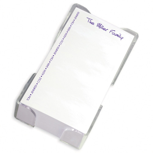 Personalized memo sheets printed with family names and presented in an acrylic holder  