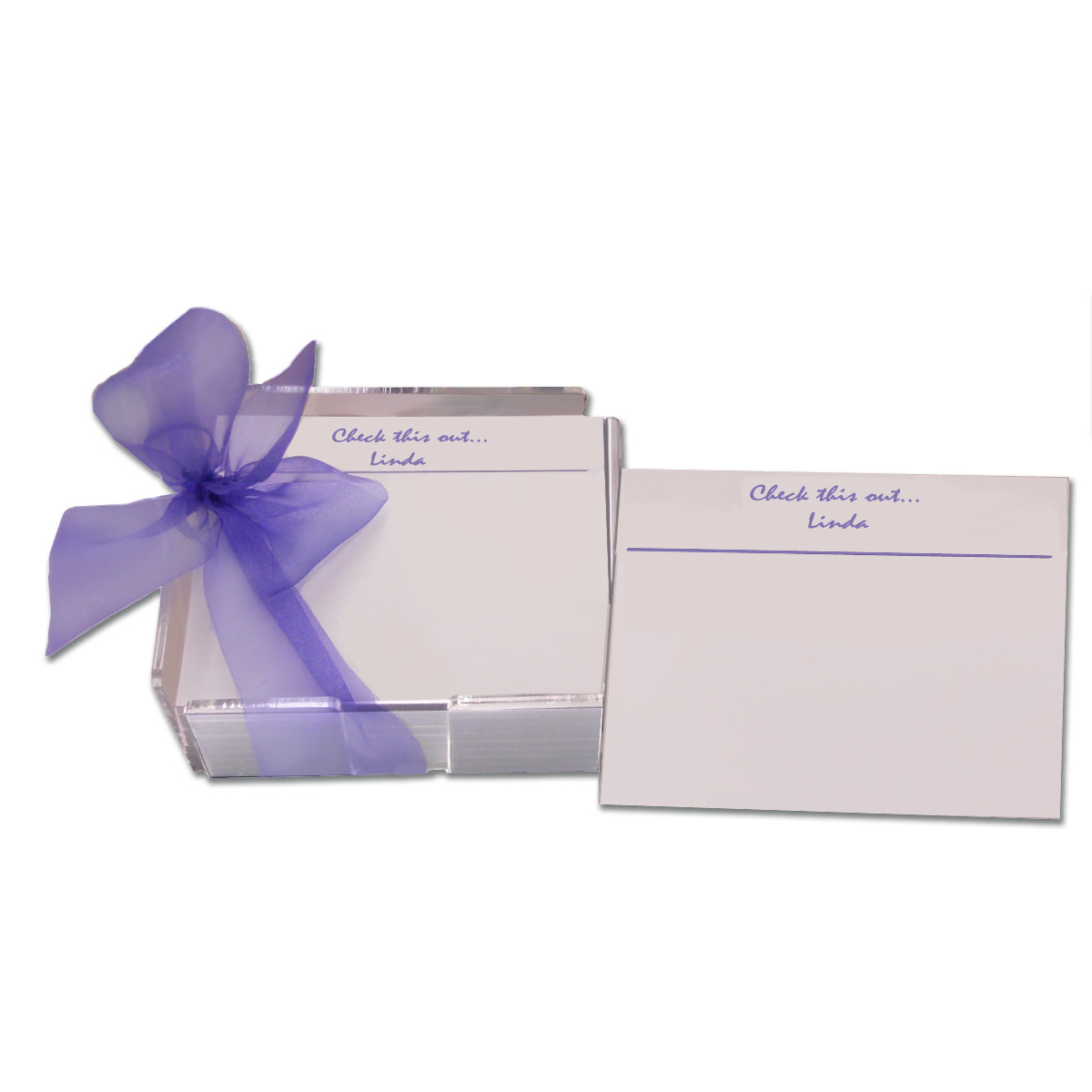 Personalized post-it note set printed with recipients name and presented in an acrylic holder